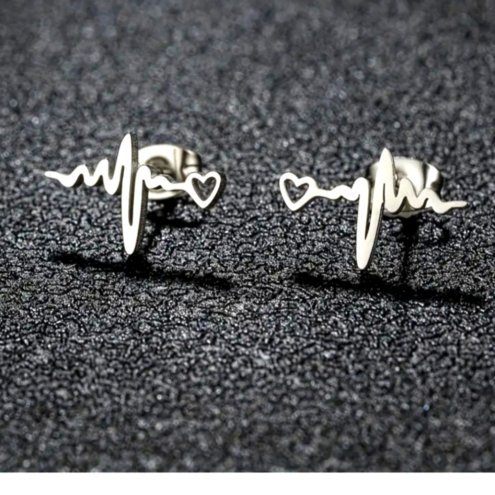 STAINLESS Stud Steel Heartbeat Earrings